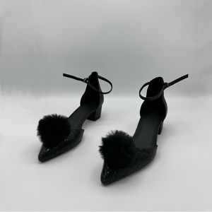 ASOS Black Point Toe Leather Block Heels with Faux Fur Pom Pom